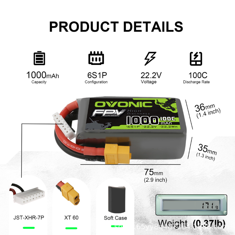 2Pcs OVONIC 1000mAh 100C 22.2V - Drone Battery Li-Ion ulasan dan harga